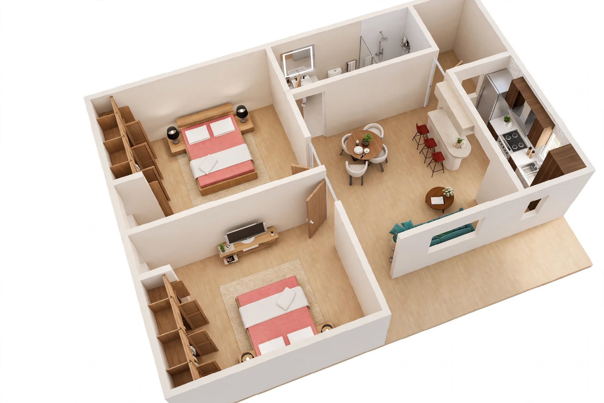 Plano isométrico 3D de distribución de espacios interiores residenciales
