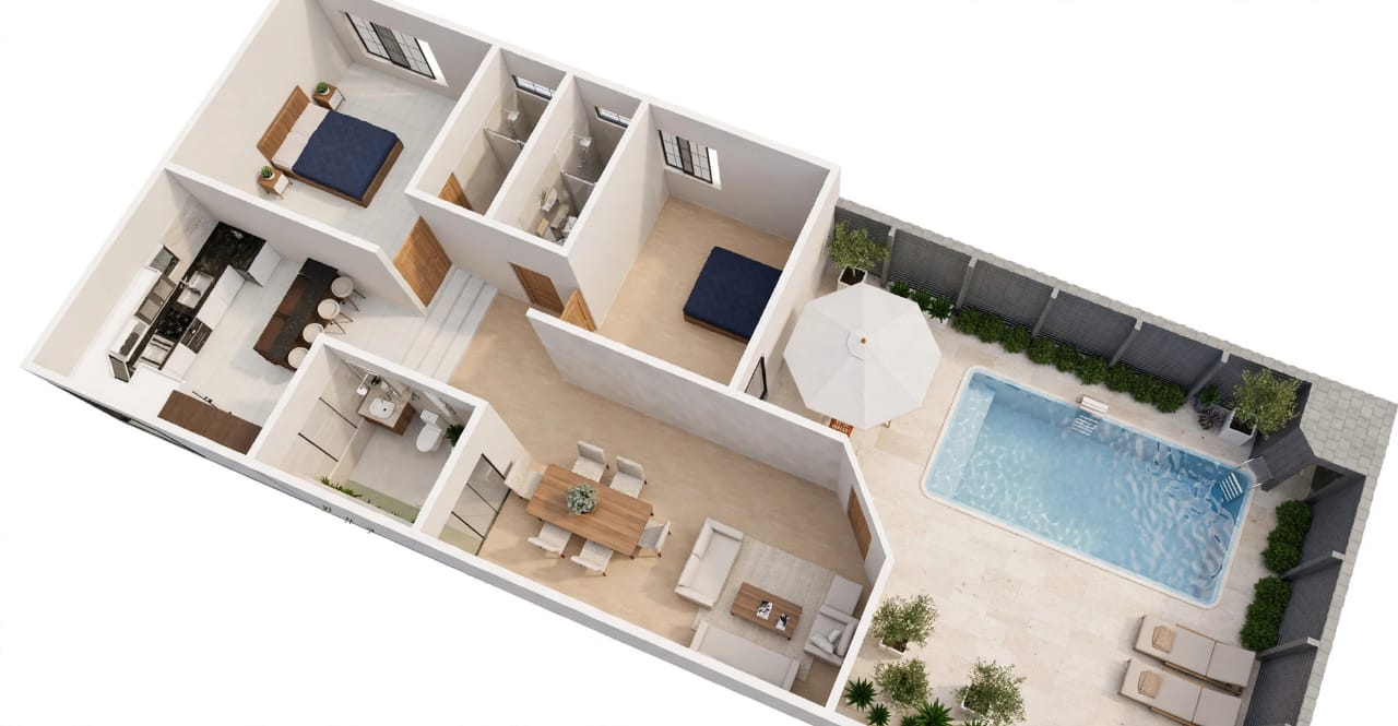 Plano isométrico 3D mostrando conexión exterior y alberca