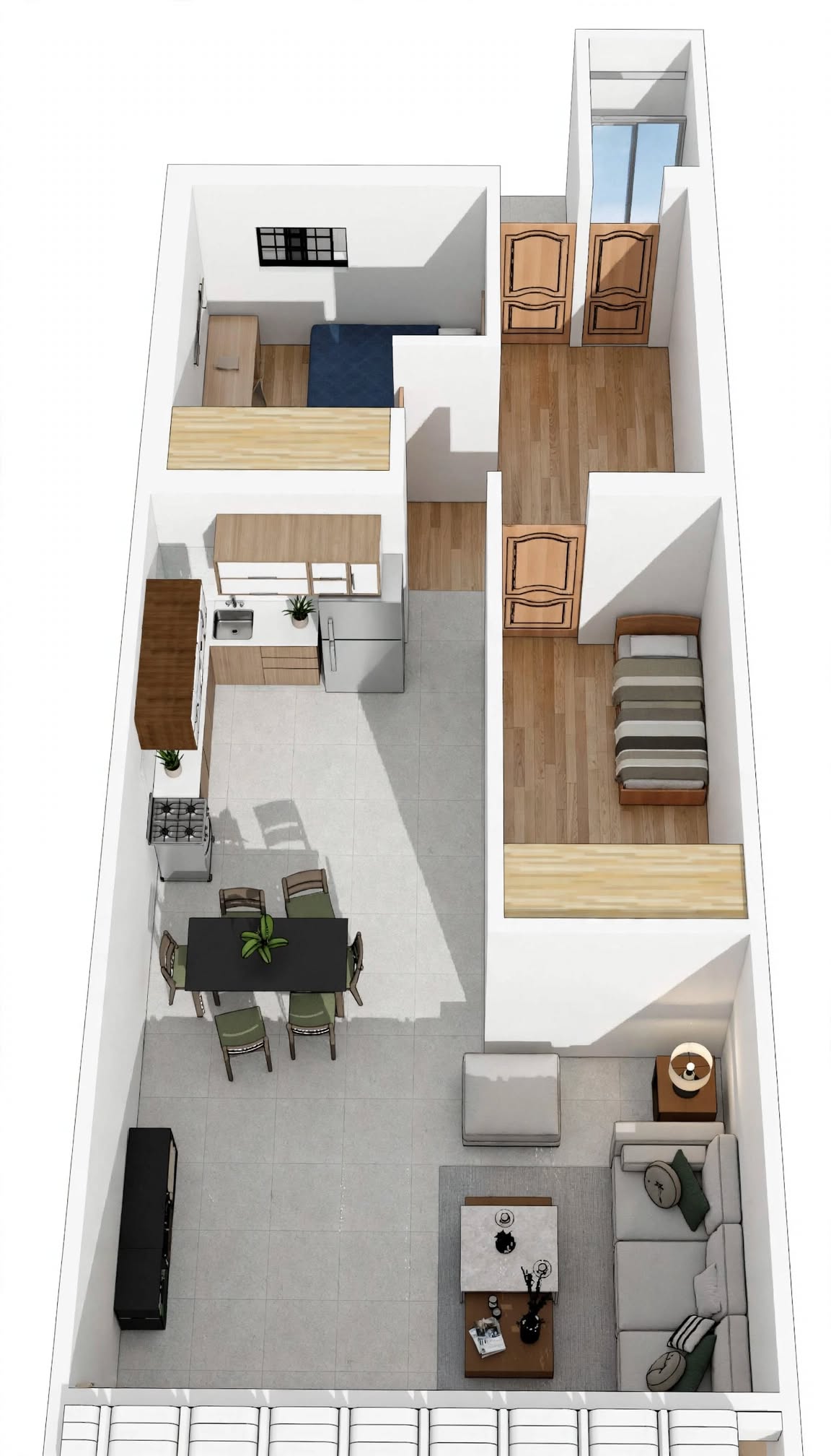 Plano isométrico 3D de diseño arquitectónico residencial con iluminación natural