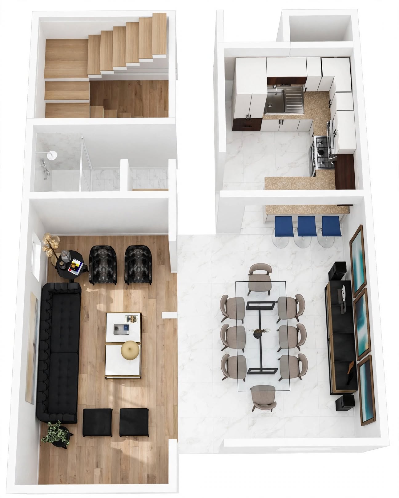 Plano isométrico 3D de acabados y mobiliario de sala y comedor